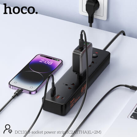 รางปลั๊กไฟ 3 ช่อง 2 USB 1 TYPE-C 1 สวิตช์ HOCO DC133 สีดำ 2300W สายยาว 2M_13