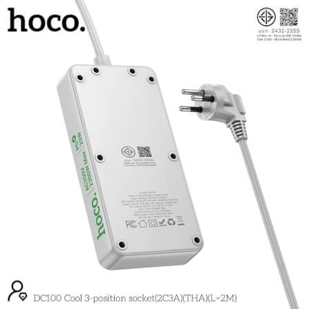 รางปลั๊กไฟ 8IN1 HOCO DC100 3 ช่อง 2 USB 3 TYPE-C 1 สวิตช์ 2300W สายยาว 2M สีขาว_10