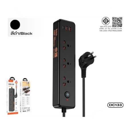 รางปลั๊กไฟ 3 ช่อง 2 USB 1 TYPE-C 1 สวิตช์ HOCO DC133 สีดำ 2300W สายยาว 2M_11