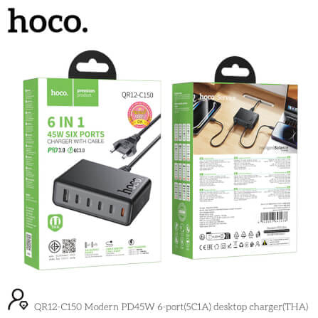 หัวชาร์จเร็ว 6IN1 HOCO C150 พอร์ต TYPE-C 5 ช่อง + USB 1 ช่อง แบบตั้งโต๊ะ_12