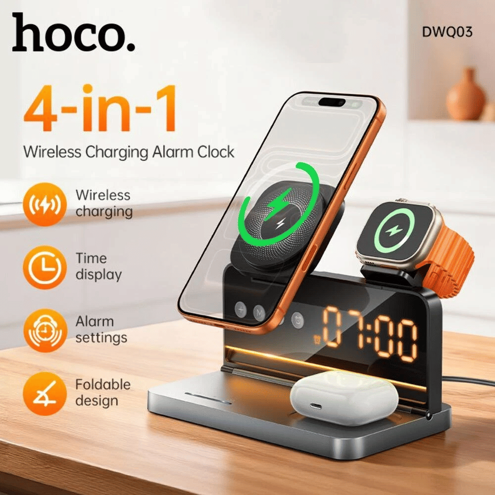 แท่นชาร์จไร้สาย 4IN1 พร้อมนาฬิกาตั้งโต๊ะ HOCO DWQ03_1
