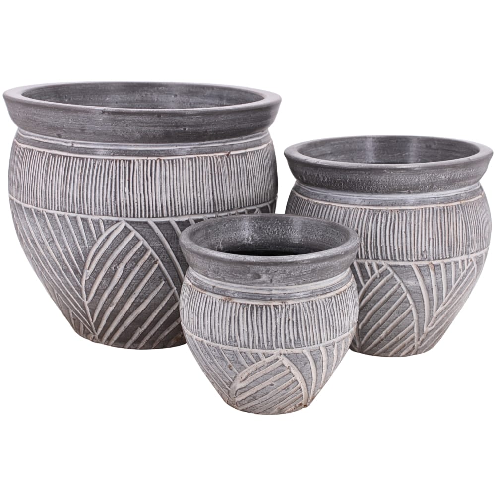 ชุดกระถางดินเผา เซ็ต 3ใบ KORAT SANGSUWAN POTTERY ตกแต่งลวดลายธรรมชาติ 10 นิ้ว สีเทา
