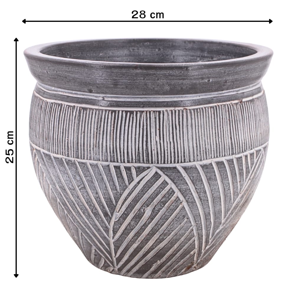 ชุดกระถางดินเผา เซ็ต 3ใบ KORAT SANGSUWAN POTTERY ตกแต่งลวดลายธรรมชาติ 10 นิ้ว สีเทา