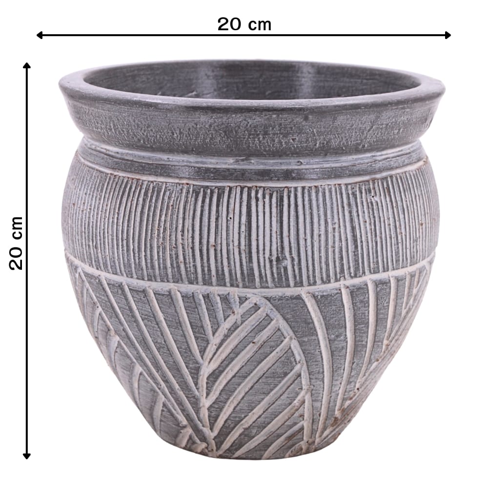 ชุดกระถางดินเผา เซ็ต 3ใบ KORAT SANGSUWAN POTTERY ตกแต่งลวดลายธรรมชาติ 10 นิ้ว สีเทา
