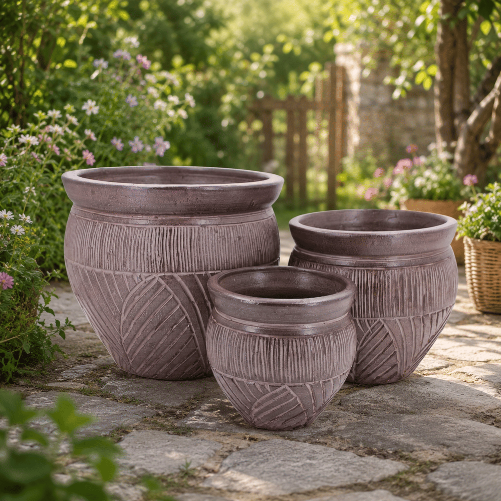 ชุดกระถางดินเผา เซ็ต 3ใบ KORAT SANGSUWAN POTTERY รุ่น THKSP028 ตกแต่งลวดลายธรรมชาติ 10 นิ้ว สีน้ำตาล_5