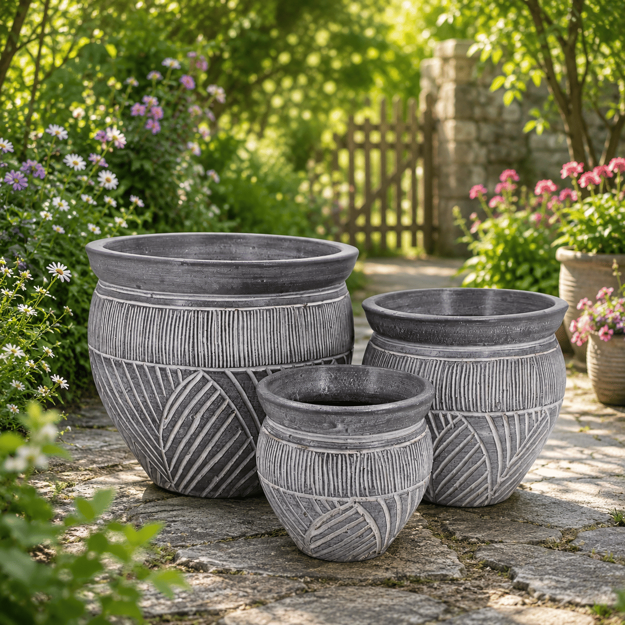 ชุดกระถางดินเผา เซ็ต 3ใบ KORAT SANGSUWAN POTTERY ตกแต่งลวดลายธรรมชาติ 10 นิ้ว สีเทา