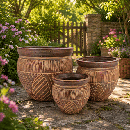 ชุดกระถางดินเผา เซ็ต 3ใบ KORAT SANGSUWAN POTTERY รุ่น THKSP030 ตกแต่งลวดลายธรรมชาติ 10 นิ้ว สีน้ำตาล_5