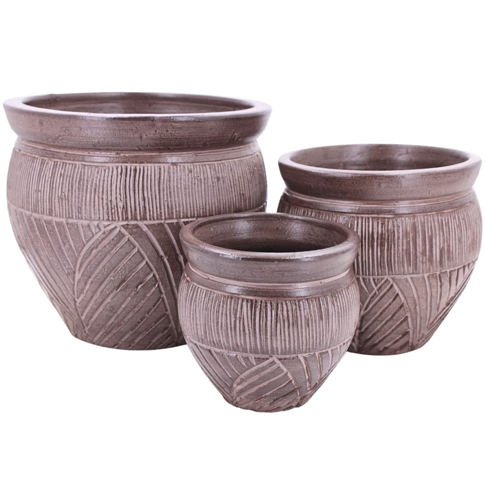 ชุดกระถางดินเผา เซ็ต 3ใบ KORAT SANGSUWAN POTTERY รุ่น THKSP028 ตกแต่งลวดลายธรรมชาติ 10 นิ้ว สีน้ำตาล_0