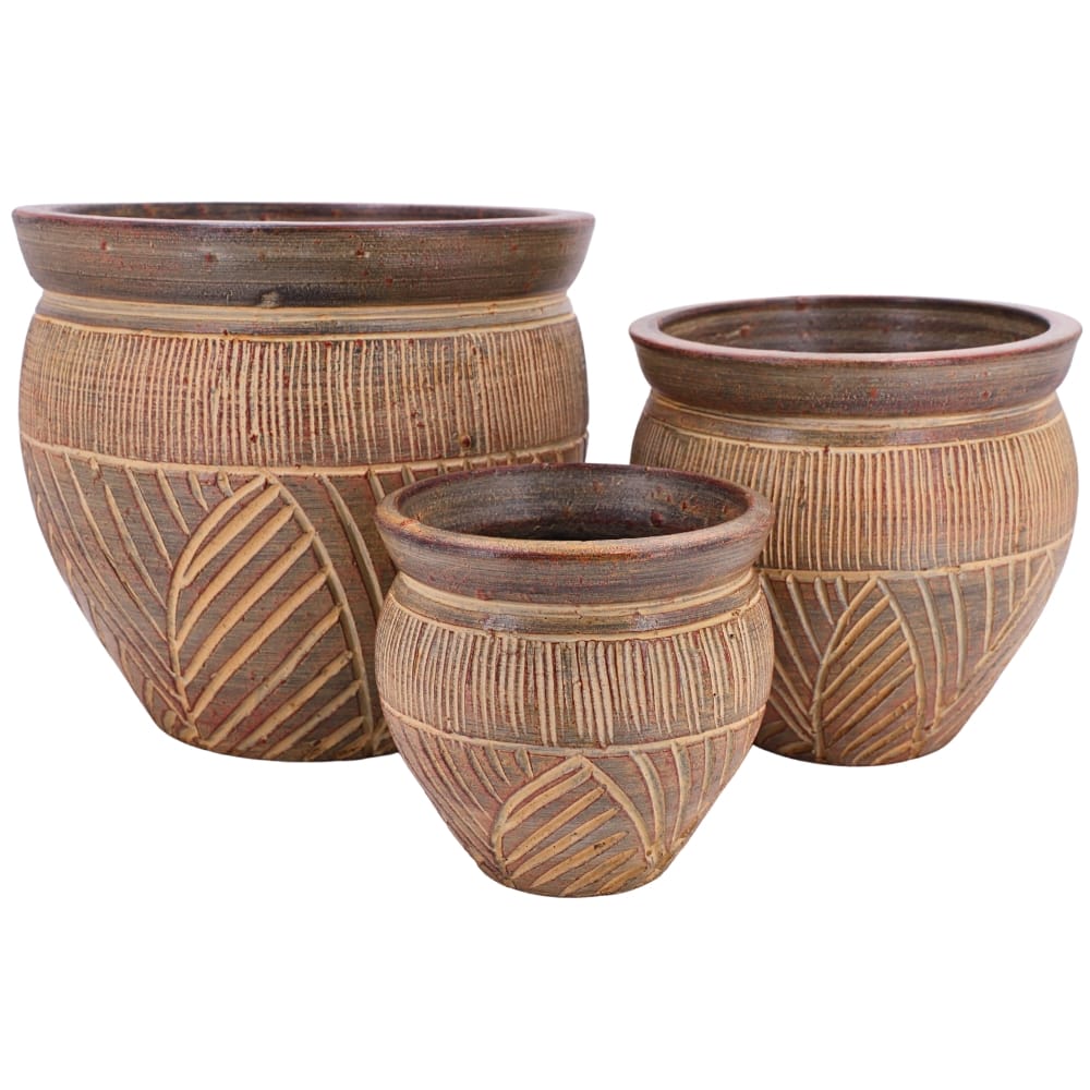 ชุดกระถางดินเผา เซ็ต 3ใบ KORAT SANGSUWAN POTTERY รุ่น THKSP030 ตกแต่งลวดลายธรรมชาติ 10 นิ้ว สีน้ำตาล_0
