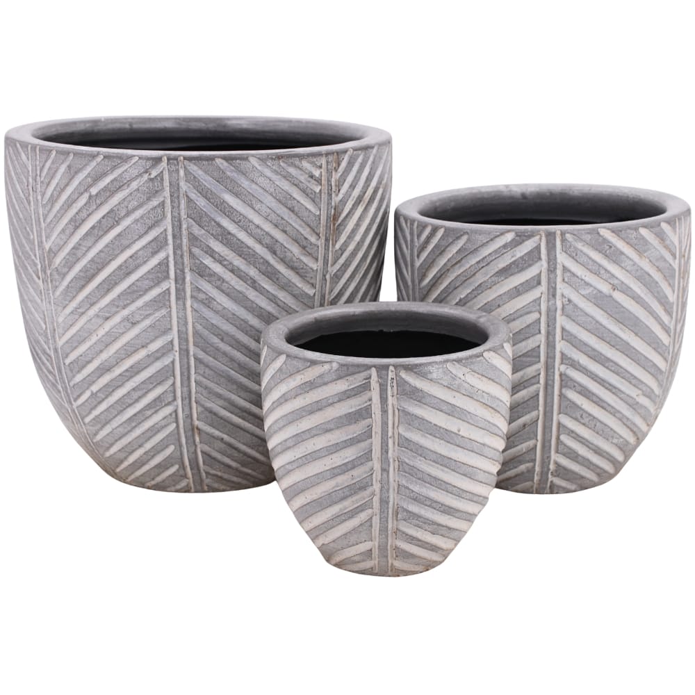 ชุดกระถางดินเผา เซ็ต 3ใบ KORAT SANGSUWAN POTTERY รุ่น THKSP031 ตกแต่งลวดลายธรรมชาติ 10 นิ้ว สีเทา