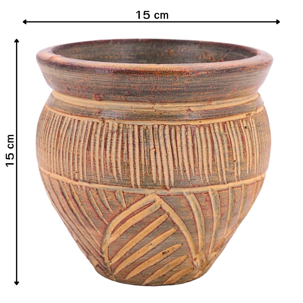 ชุดกระถางดินเผา เซ็ต 3ใบ KORAT SANGSUWAN POTTERY รุ่น THKSP030 ตกแต่งลวดลายธรรมชาติ 10 นิ้ว สีน้ำตาล_3
