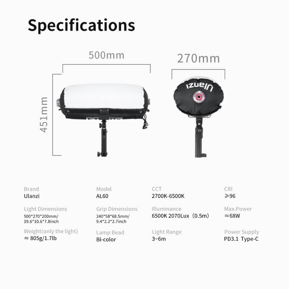 ไฟ LED แบบเป่าลม ULANZI AL60 กำลังไฟ 68W ขนาดพกพา สีดำ ไฟเซลฟี่ ไฟถ่ายภาพ ไฟถ่ายสินค้า