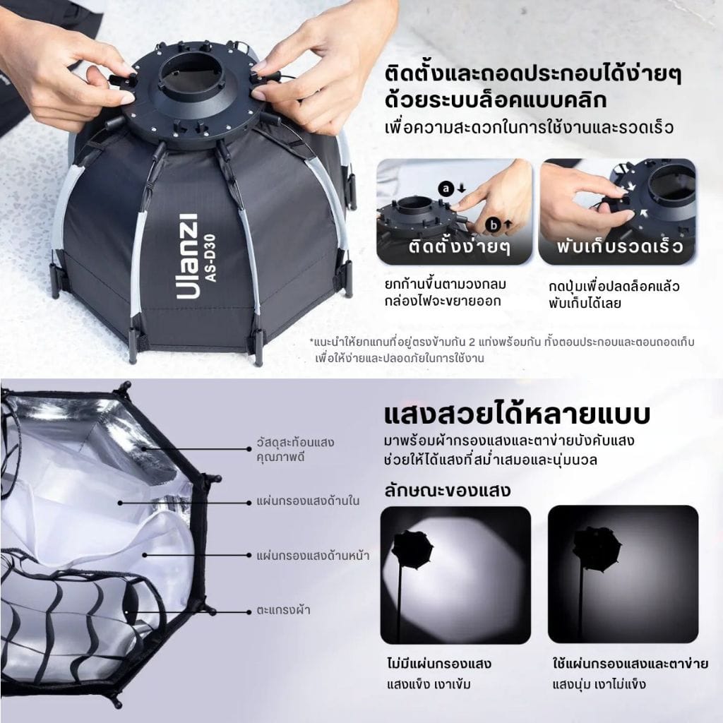 ซอฟต์บ็อกซ์ 8 เหลี่ยม ULANZI AS-D30 กรองแสง 30 ซม. MINI BOWEN MOUNT ถ่ายภาพ วิดีโอ ให้แสงนุ่ม_1