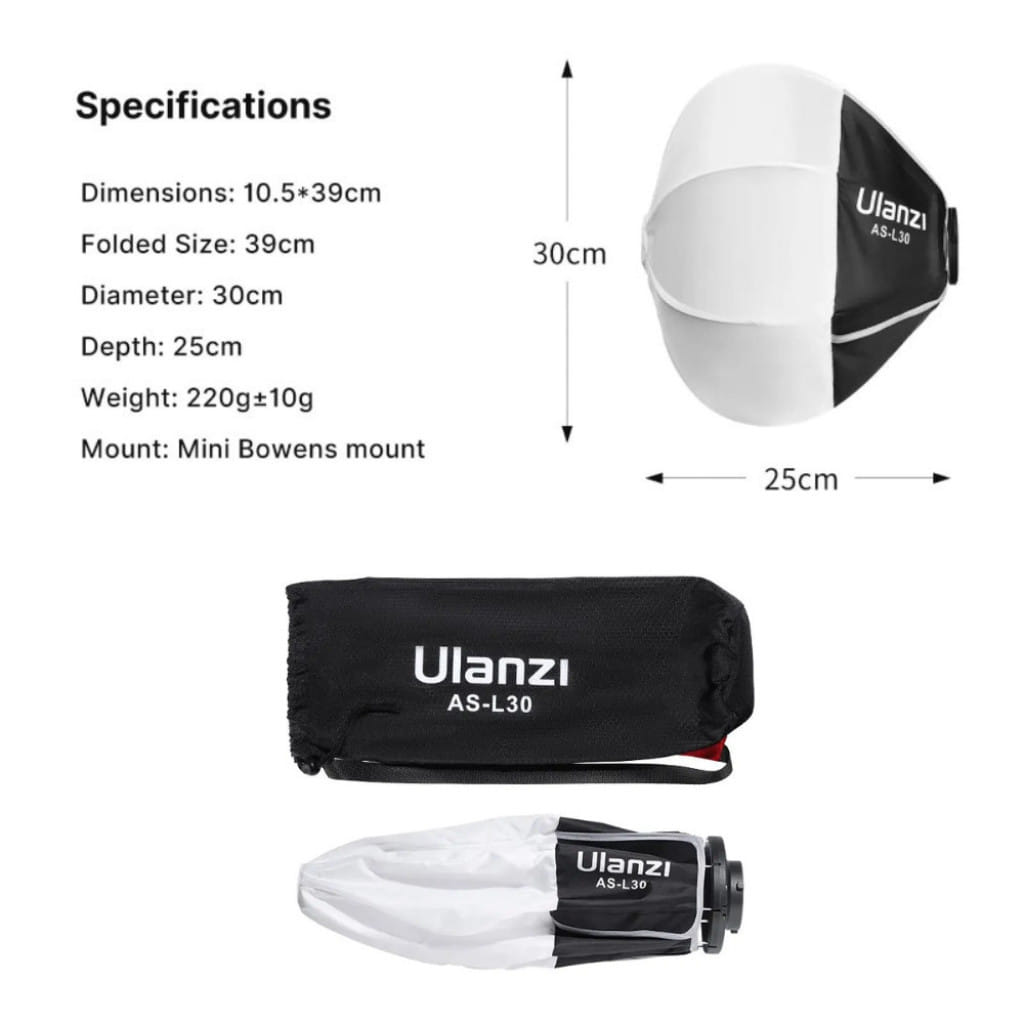ซอฟต์บ็อกซ์ โคมร่มกลม ULANZI ASL30 กรองแสง 30 ซม. MINI BOWEN MOUNT ถ่ายภาพ วิดีโอ ให้แสงนุ่ม
