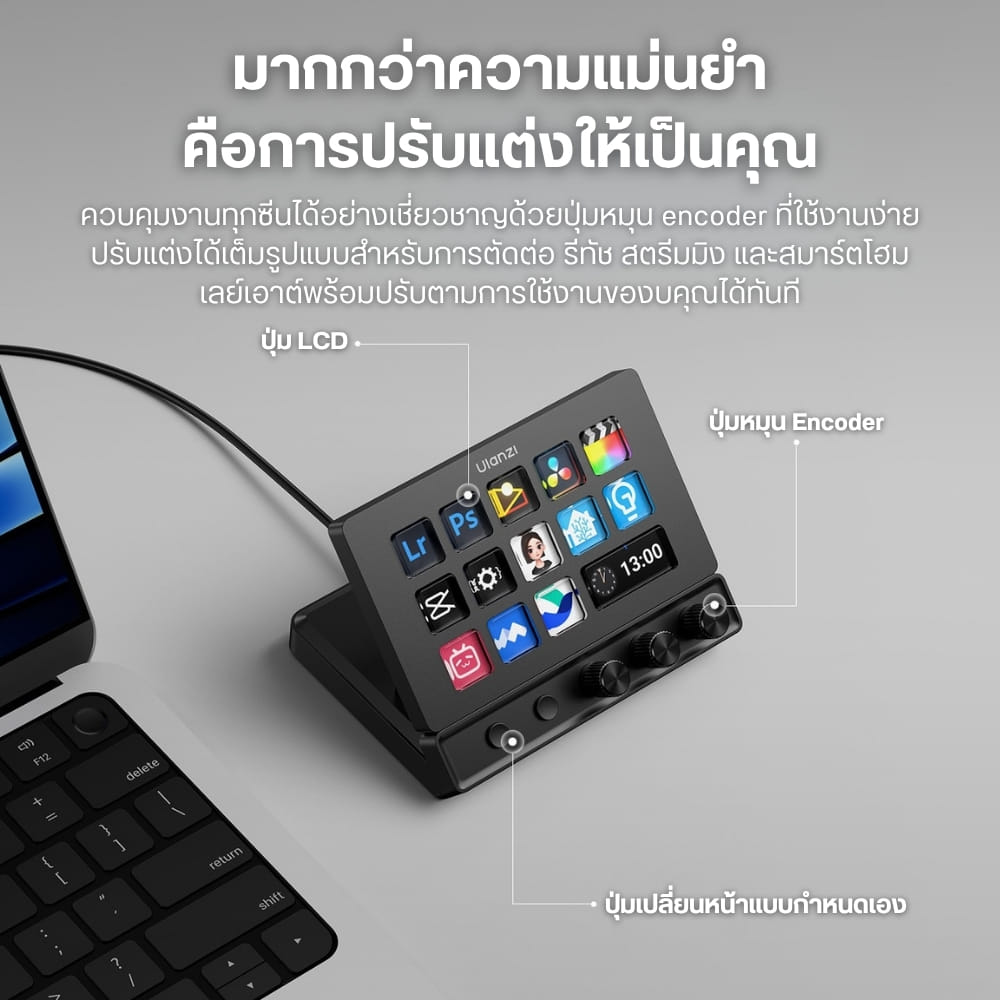 คอนโทรลเลอร์ครีเอเตอร์ ULANZI D200X 14 ปุ่ม LCD + 3 ENCODER KNOBS + 8-IN-1 DOCK HDMI 4K สำหรับตัดต่อ ไลฟ์สด