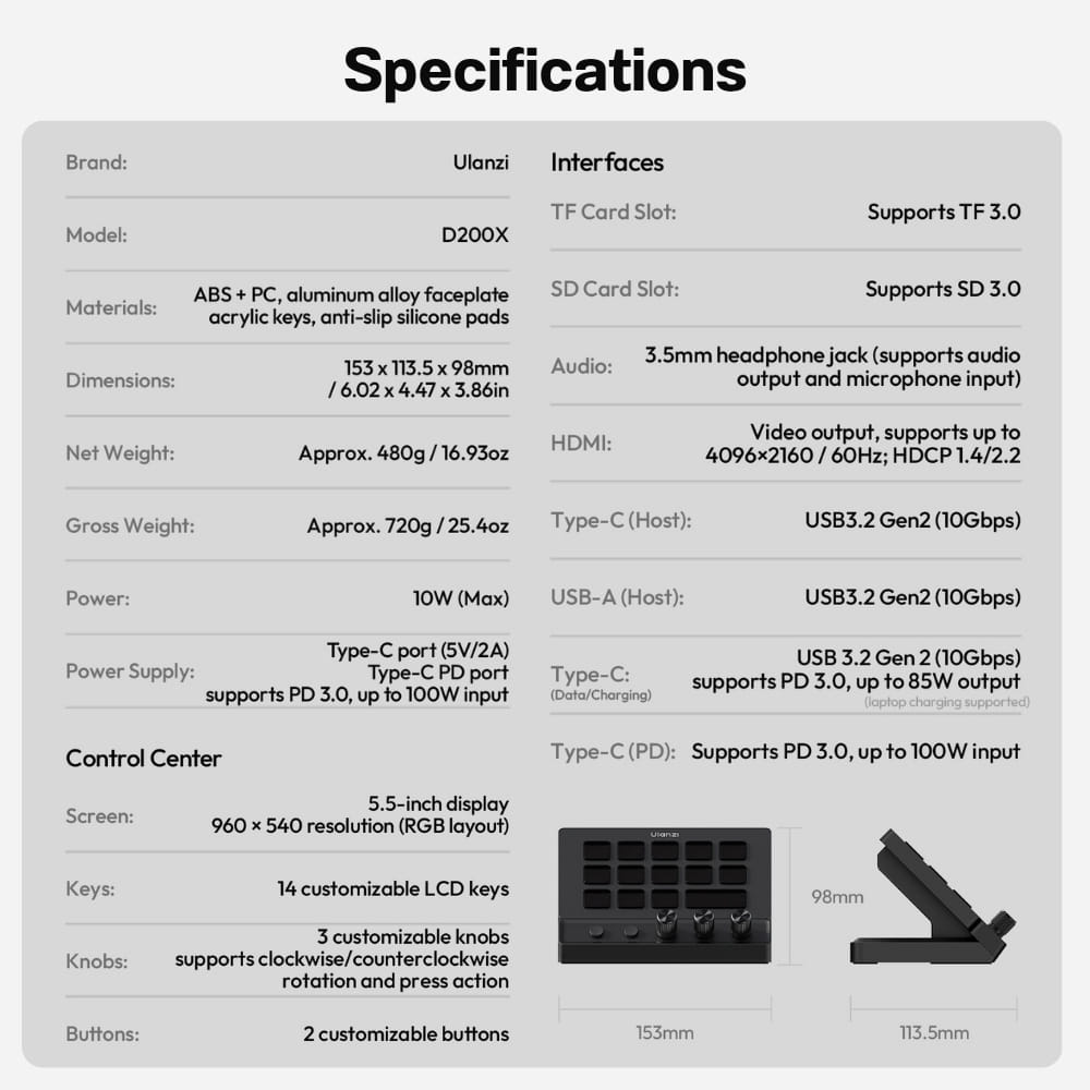คอนโทรลเลอร์ครีเอเตอร์ ULANZI D200X 14 ปุ่ม LCD + 3 ENCODER KNOBS + 8-IN-1 DOCK HDMI 4K สำหรับตัดต่อ ไลฟ์สด_10