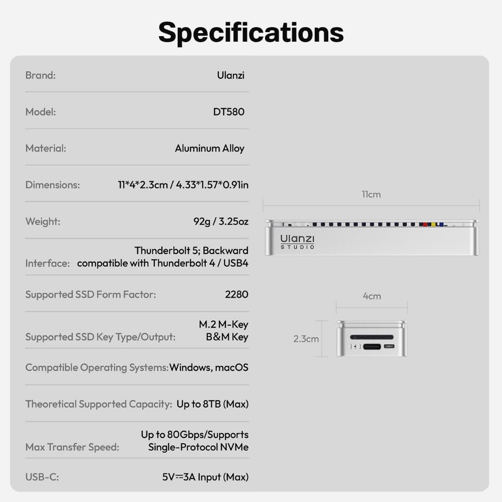 กล่องใส่ SSD M.2 NVME ULANZI DT580 ความเร็วสูงสุด 80GBPS พร้อมพัดลมระบายความร้อน_7