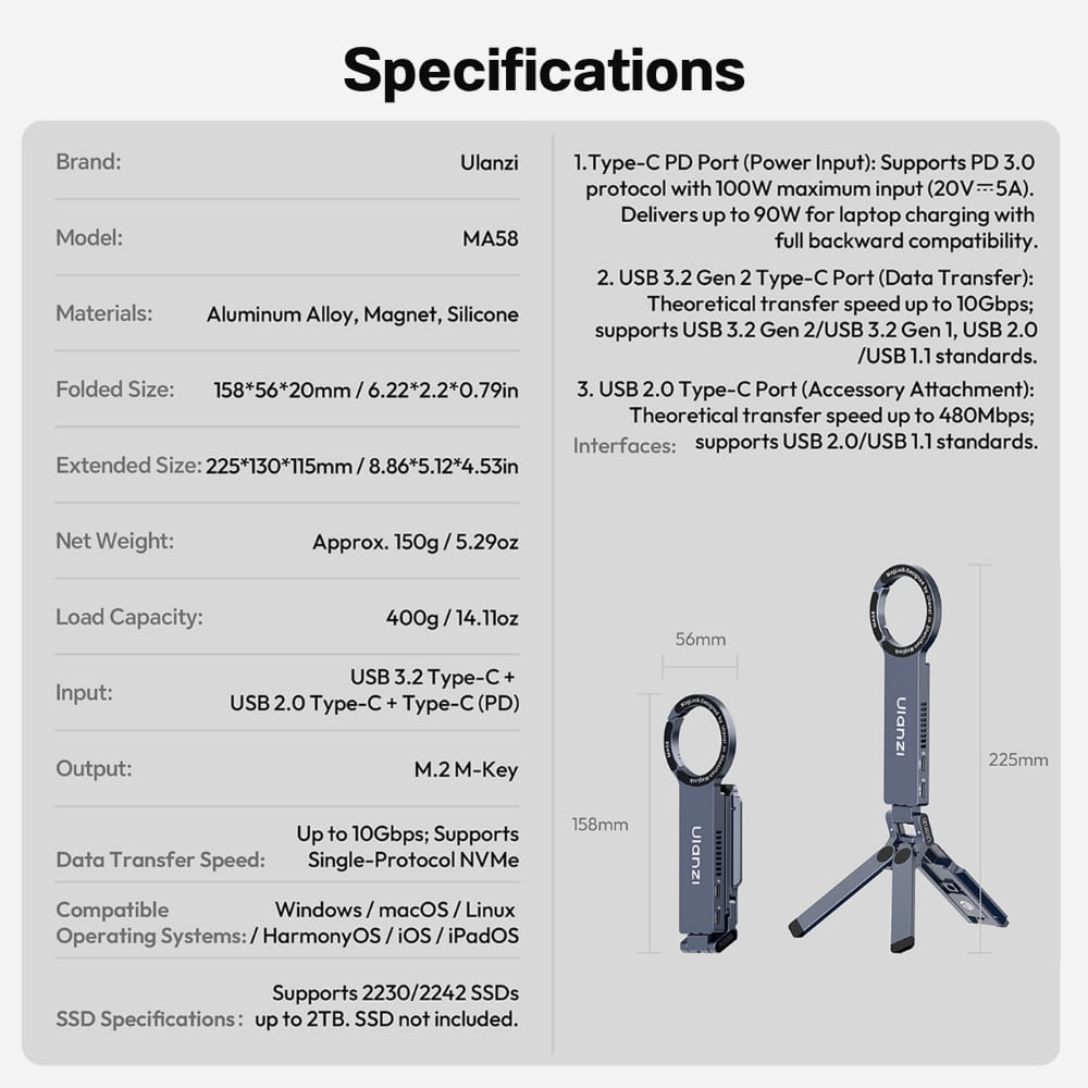 ขาตั้งโทรศัพท์ แม่เหล็ก ULANZI MA58 2IN1 พร้อม SSD M.2 NVME สูงสุด 2TB ความเร็ว 10GBPS ชาร์จ PD 100W_8