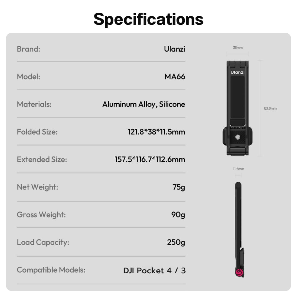 ขาตั้งกล้อง ไม้เซลฟี่ ULANZI MA66 สำหรับ DJI POCKET 4/3 แบบแม่เหล็ก ปลดเร็ว ARCA-SWISS ถ่ายภาพ VLOG สีดำ