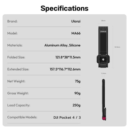 ขาตั้งกล้อง ไม้เซลฟี่ ULANZI MA66 สำหรับ DJI POCKET 4/3 แบบแม่เหล็ก ปลดเร็ว ARCA-SWISS ถ่ายภาพ VLOG สีดำ_7