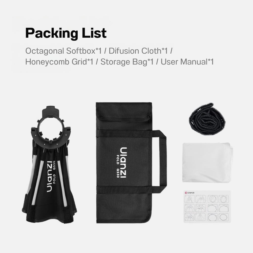 ซอฟต์บ็อกซ์แปดเหลี่ยม ULANZI QS30 ขนาด 30CM รองรับ MINI BOWENS MOUNT ติดตั้งไว พร้อมรังผึ้ง แสงนุ่ม