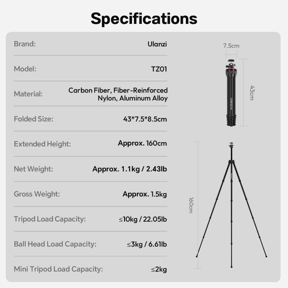 ขาตั้งกล้อง ULANZI TZ01 ระบบปลดเร็ว UKA หัวบอลหมุน 360&deg; ยืดสูง 160CM รับน้ำหนัก 10KG