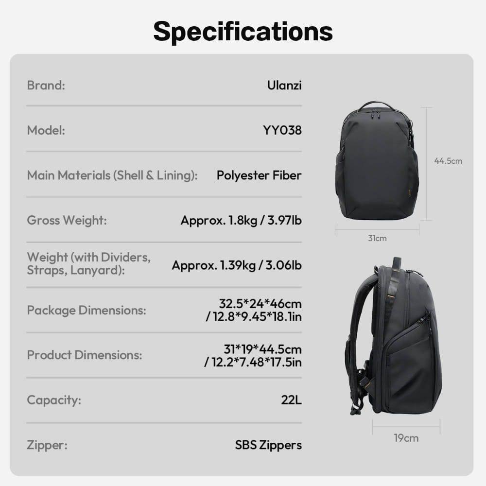 กระเป๋าเป้กล้อง ULANZI YY038 ขนาดความจุ 22 ลิตร สีดำ_7
