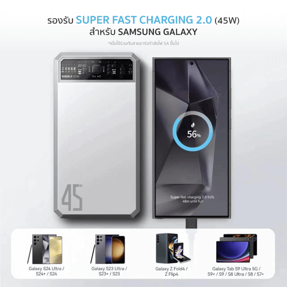 แบตเตอรี่สำรอง ORSEN BY ELOOP E43 สีเงิน 25000MAH ชาร์จเร็ว 45W MAX รองรับ QC3.0 PD PPS UFCI_6