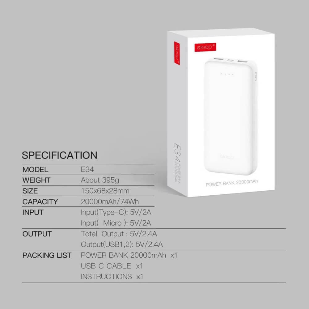 แบตเตอรี่สำรอง ORSEN BY ELOOP E34 สีขาว 20000MAH POWERBANK 2.4A 12W_8