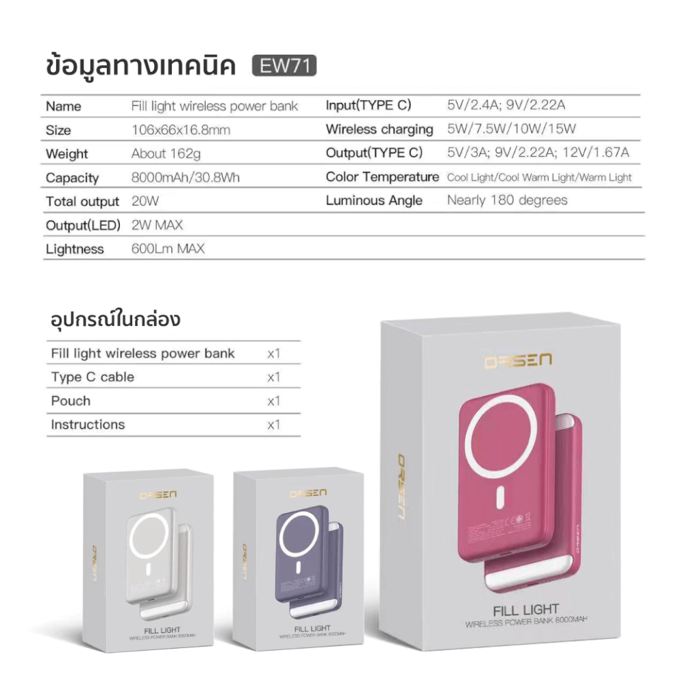 แบตเตอรี่สำรอง ORSEN BY ELOOP EW71 สีม่วง 8000MAH ชาร์จไร้สาย PD 20W_8