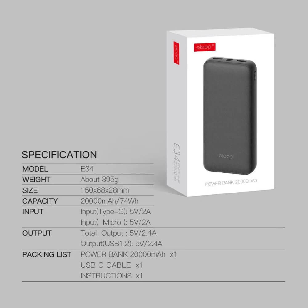 แบตเตอรี่สำรอง ORSEN BY ELOOP E34 สีขาว 20000MAH POWERBANK 2.4A 12W_9