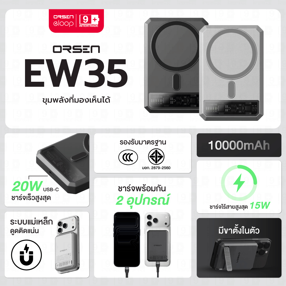 แบตเตอรี่สำรอง ORSEN BY ELOOP EW35 CCC 10000MAH สีเทา ชาร์จไร้สายแม่เหล็กมีขาตั้งในตัว_1