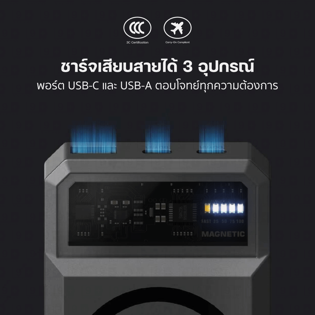 แบตเตอรี่สำรอง ORSEN BY ELOOP EW40 CCC 20000MAH สีดำ ชาร์จไร้สายแม่เหล็ก QI2 15W PD 20W_3