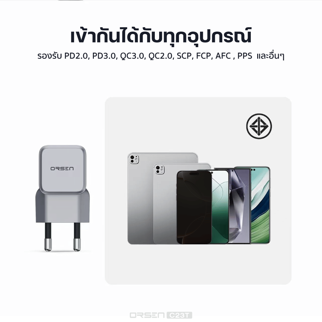 หัวอะแดปเตอร์ ORSEN BY ELOOP C23T 20W สีเงิน ชาร์จเร็ว GAN 1พอร์ต PD QC 3.0_4