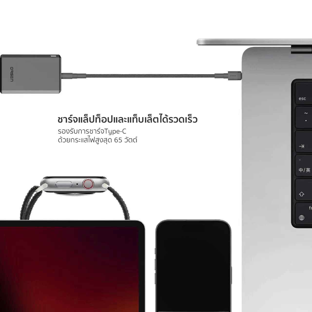 หัวอะแดปเตอร์ ORSEN BY ELOOP C61T 65W สีเทา ชาร์จเร็ว GAN 4พอร์ต PD QC 3.0_5
