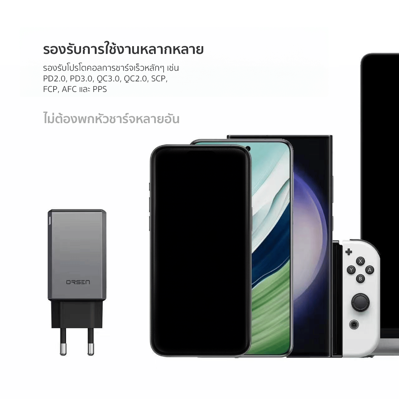 หัวอะแดปเตอร์ ORSEN BY ELOOP C61T 65W สีเทา ชาร์จเร็ว GAN 4พอร์ต PD QC 3.0_7