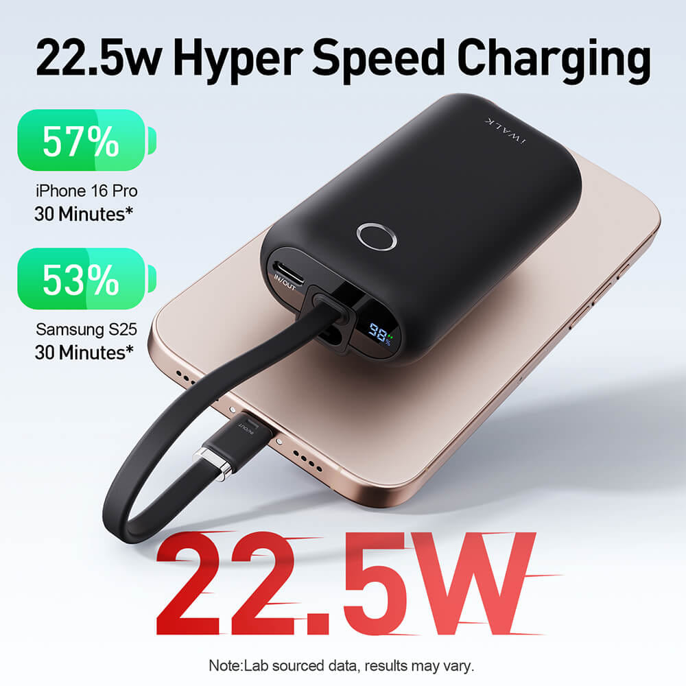 แบตเตอร์รี่สำรอง IWALK Power Mini 10000 MAH สายชาร์จในตัว TypeC สี Black  รองรับการชาร์จเร็ว 22.5Wเล็กกะทัดรัด_2