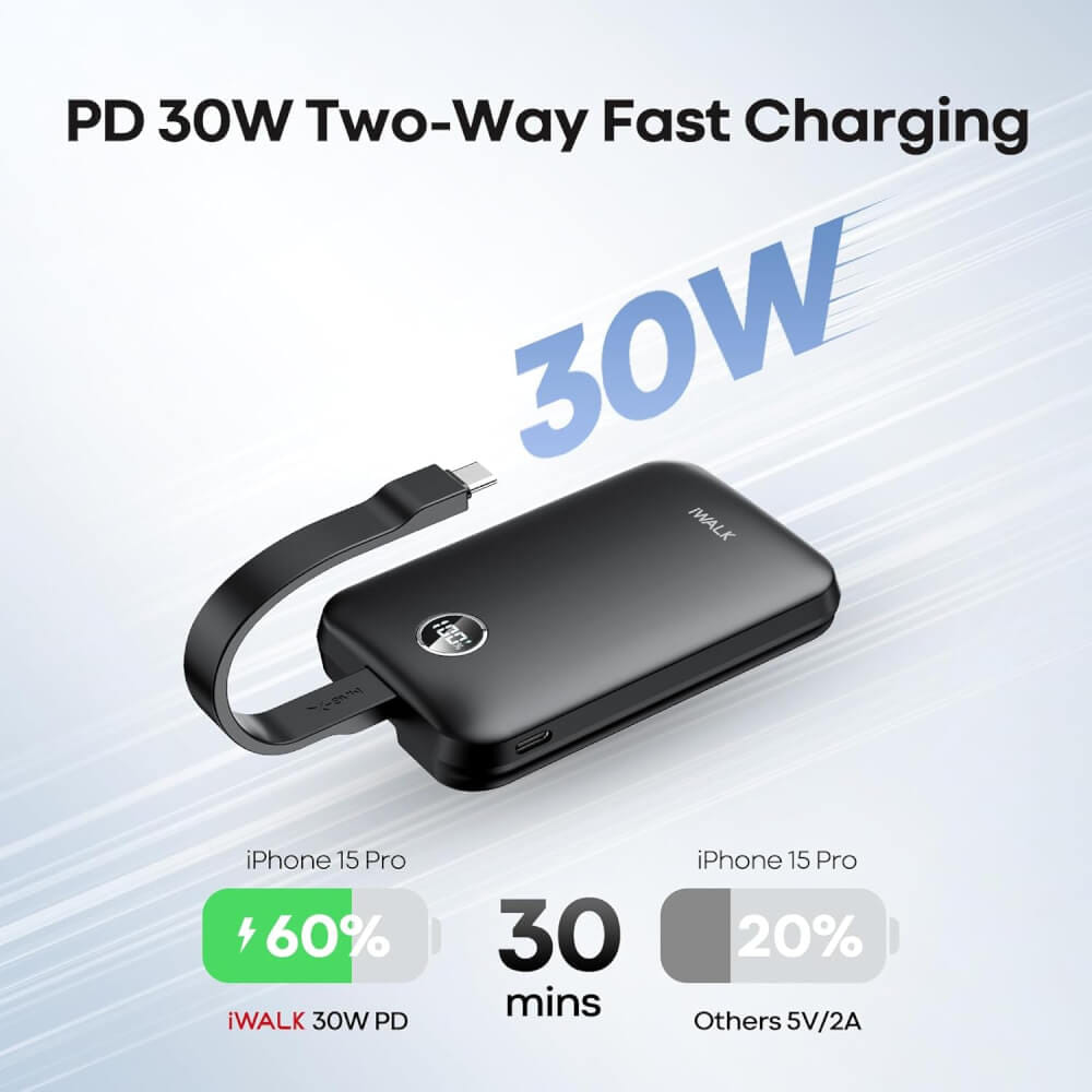 แบตเตอร์รี่สำรอง iWALK Power Hybrid 10000mAh สี Black ชาร์จระบบ MagSafe มาพร้อมสายชาร์จในตัว รองรับการชาร์จเร็ว 30W FastCharge