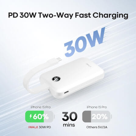 แบตเตอร์รี่สำรอง IWALK POWER HYBRID 10000MAH สี WHITE ชาร์จระบบ MAGSAFE มาพร้อมสายชาร์จในตัว รองรับการชาร์จเร็ว 30W FASTCHARGE_4