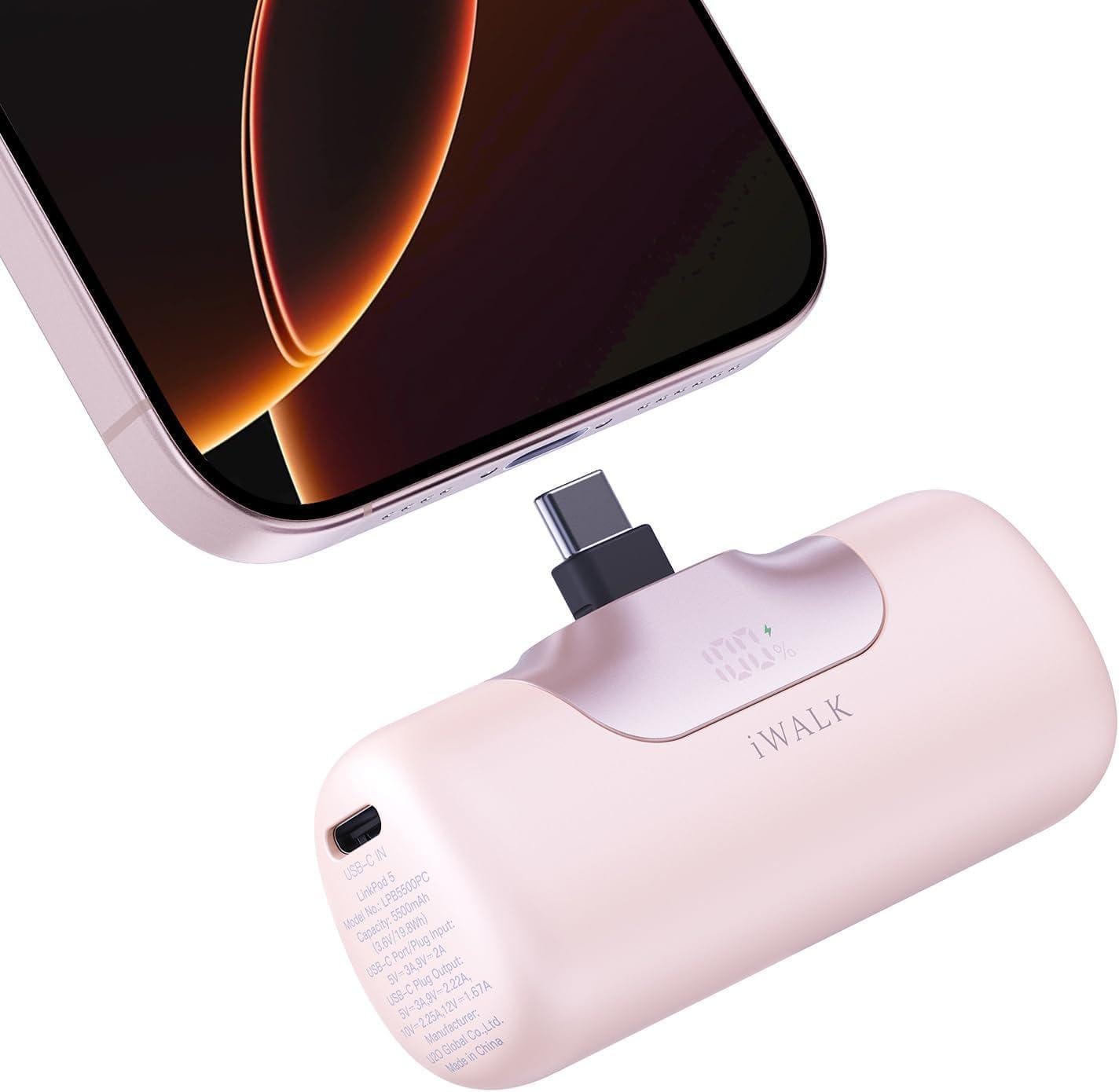แบตเตอร์รี่สำรอง IWALK LINKPOD5 5500 MAH หัวชาร์จไร้สายหัว TypeC สี Pink ชาร์จเร็วสูงสุด 22.5W _1