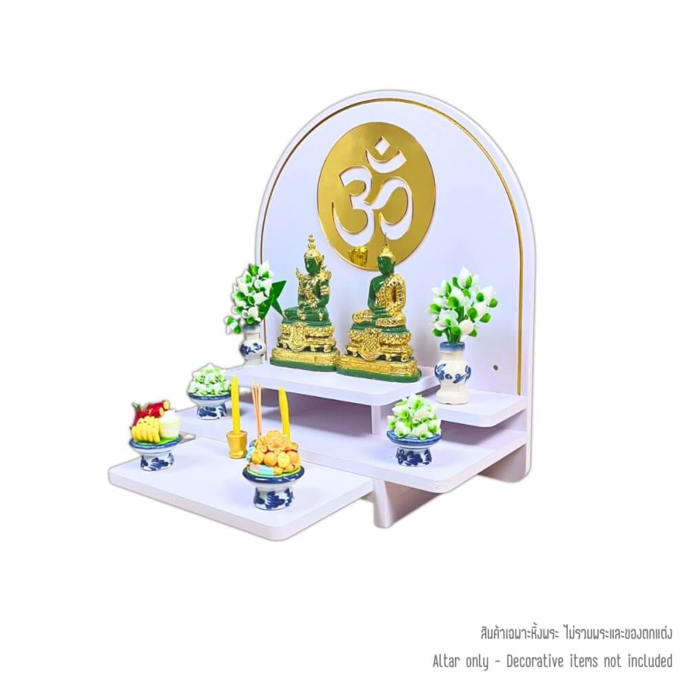 หิ้งพระตั้งโต๊ะและติดผนัง KAF รุ่น BIGPLUS01-AC ขนาดกลาง ลายโอม กระจกทอง พร้อมถาดสไลด์
