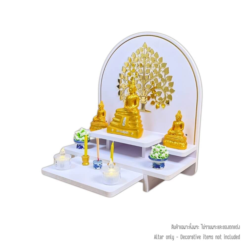 หิ้งพระตั้งโต๊ะและติดผนัง KAF รุ่น BIGPLUS01-AC ขนาดกลาง ลายต้นโพธิ์ C กระจกทอง พร้อมถาดสไลด์