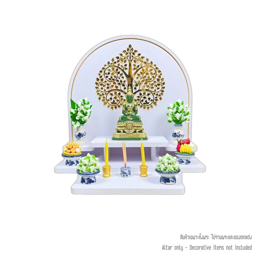 หิ้งพระตั้งโต๊ะและติดผนัง KAF รุ่น BIGPLUS01-AC ขนาดกลาง ลายต้นโพธิ์ F กระจกทอง พร้อมถาดสไลด์
