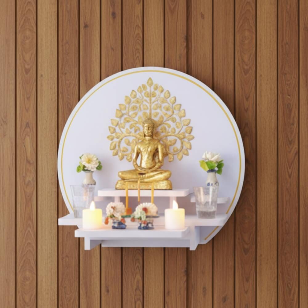 หิ้งพระมินิมอลตั้งโต๊ะและติดผนัง KAF รุ่น CIRPLUS01-AC ลายต้นโพธิ์ C ทรงกลมขนาดใหญ่ พร้อมถาดสไลด์_3