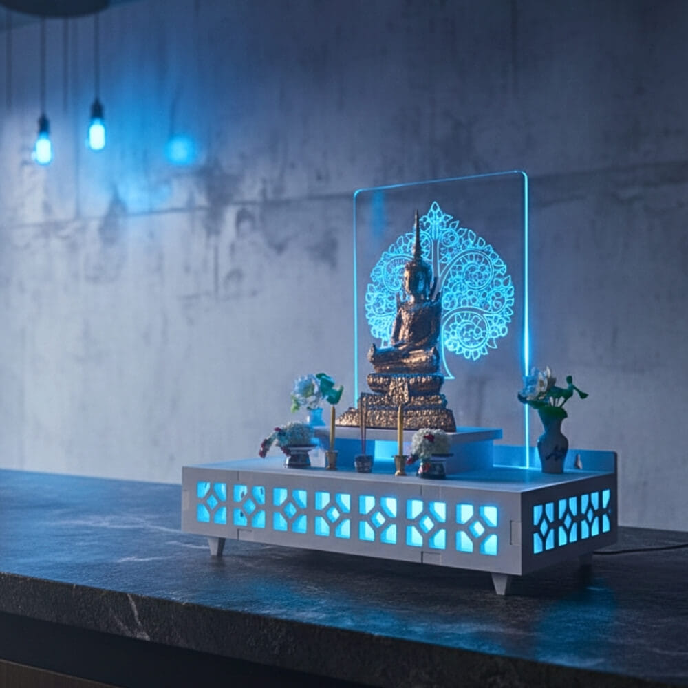 หิ้งพระมีไฟสไตล์โมเดิร์น KAF รุ่น SHBOX-LIGHT01 ลายต้นโพธิ์_1
