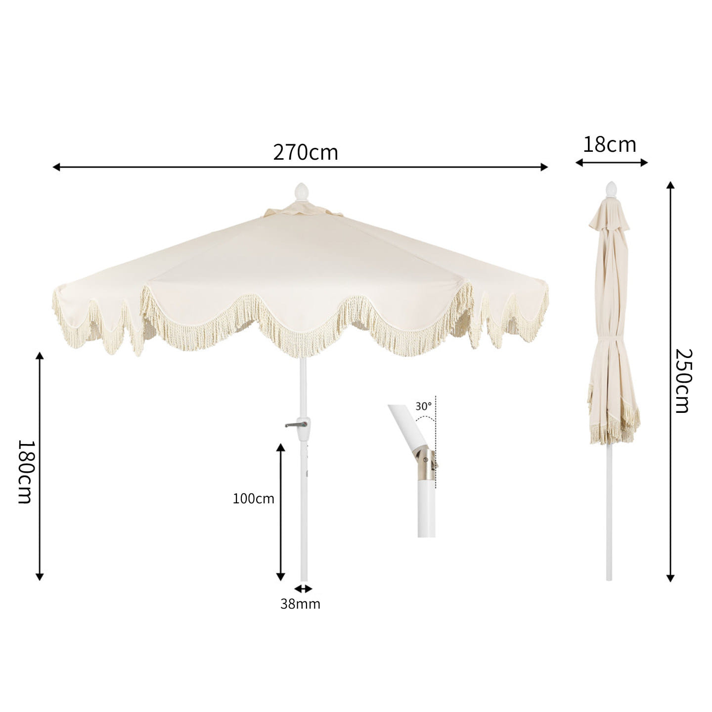 ร่มสนาม BUNISE รุ่น ECLAT‑01 ขอบลูกไม้ ขนาด 250×270 ซม. สีครีมไวท์_1