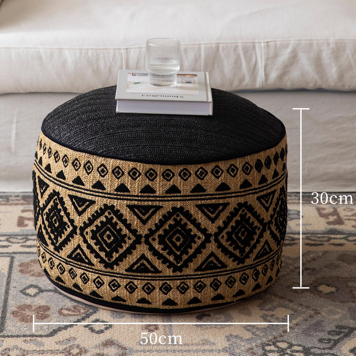 สตูลออตโตมันลายปัก BUNISE BOHO-POUF สีดำ_1