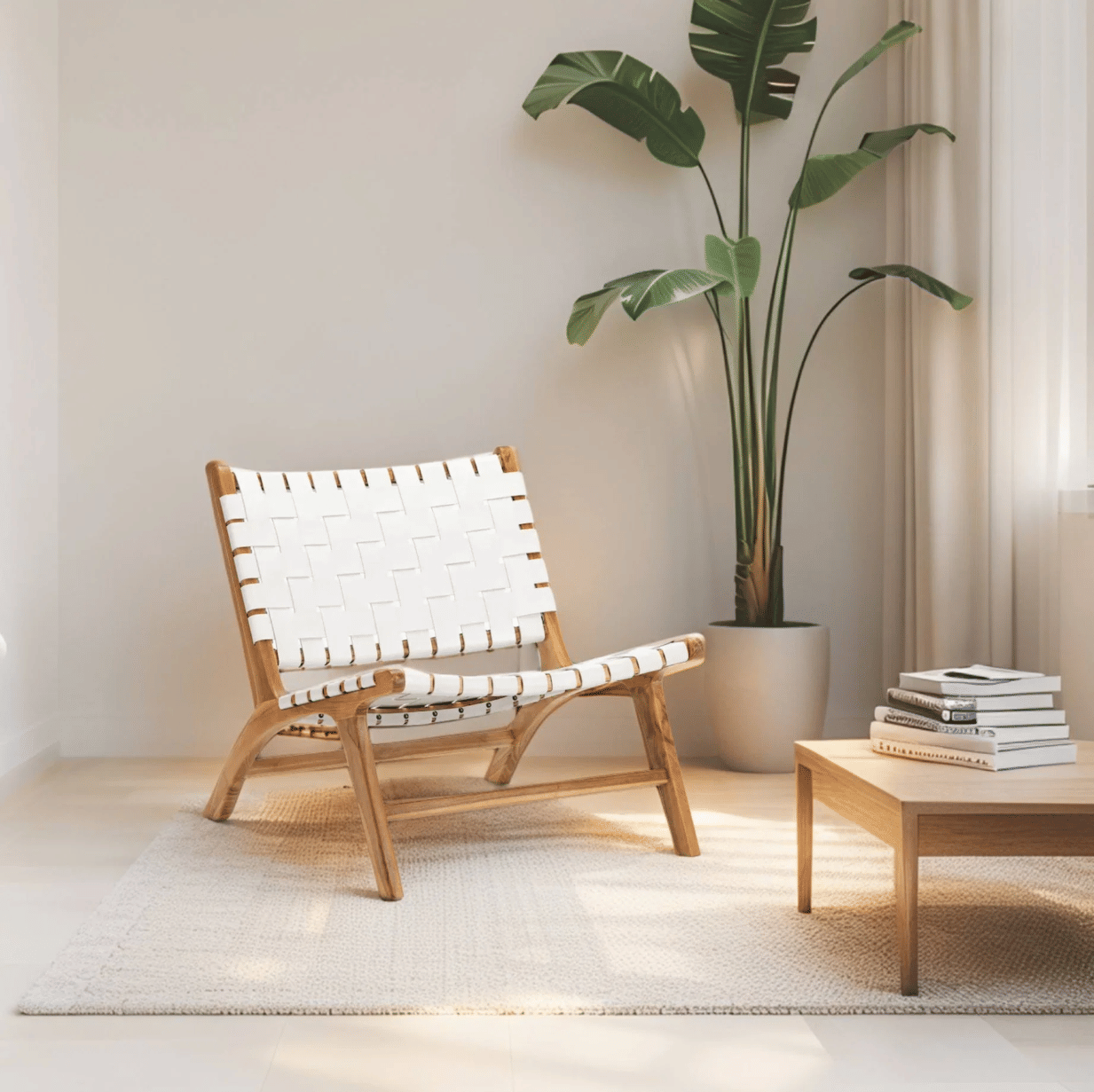 เก้าอี้พักผ่อนโครงไม้แท้สายรัดหนัง BUNISE รุ่น CUBA ขนาด 73×65×75 ซม. สีขาว_10