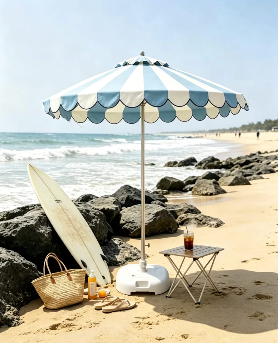ร่มชายหาด BUNISE รุ่น X1003 ขอบพู่ ,1.8ม. สีเหลืองมัสตาร์ดลายทาง_2