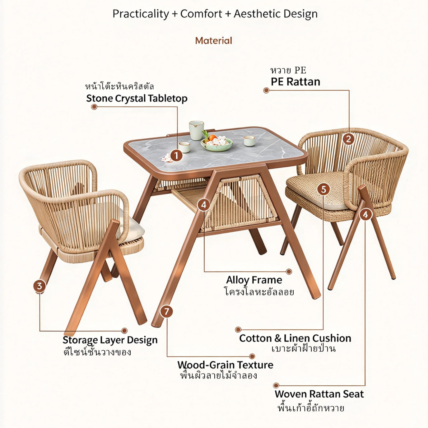 ชุดโต๊ะเก้าอี้หวาย 2 ที่นั่ง PE BUNISE RATTAN สีครีม_3